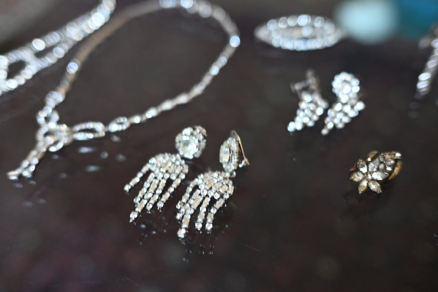 Huge collection vintage rhinestone necklaces, earrings, Kramer, Weiss, 23pcs