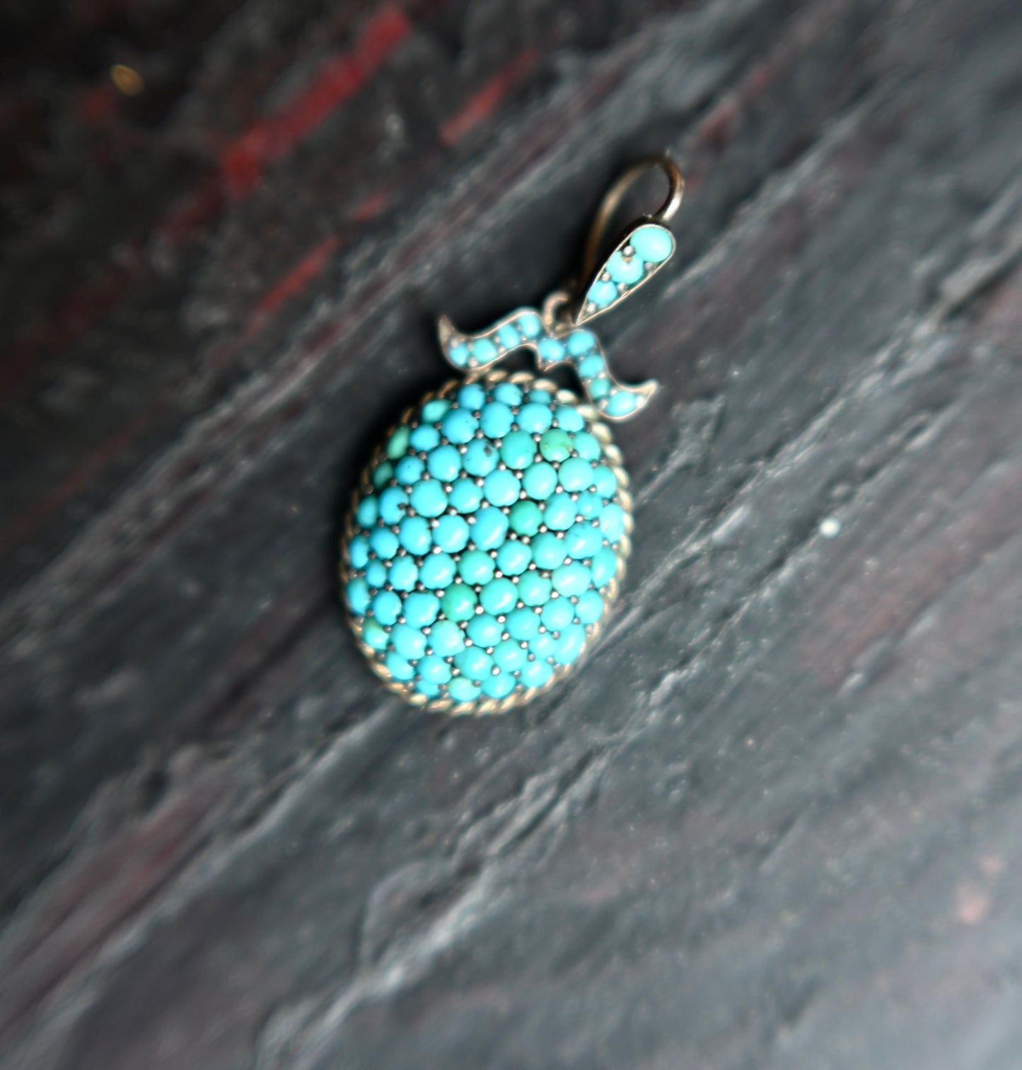 Antique Victorian perfect turquoise gold parvé pendant charm, 3.9cm 3.7g