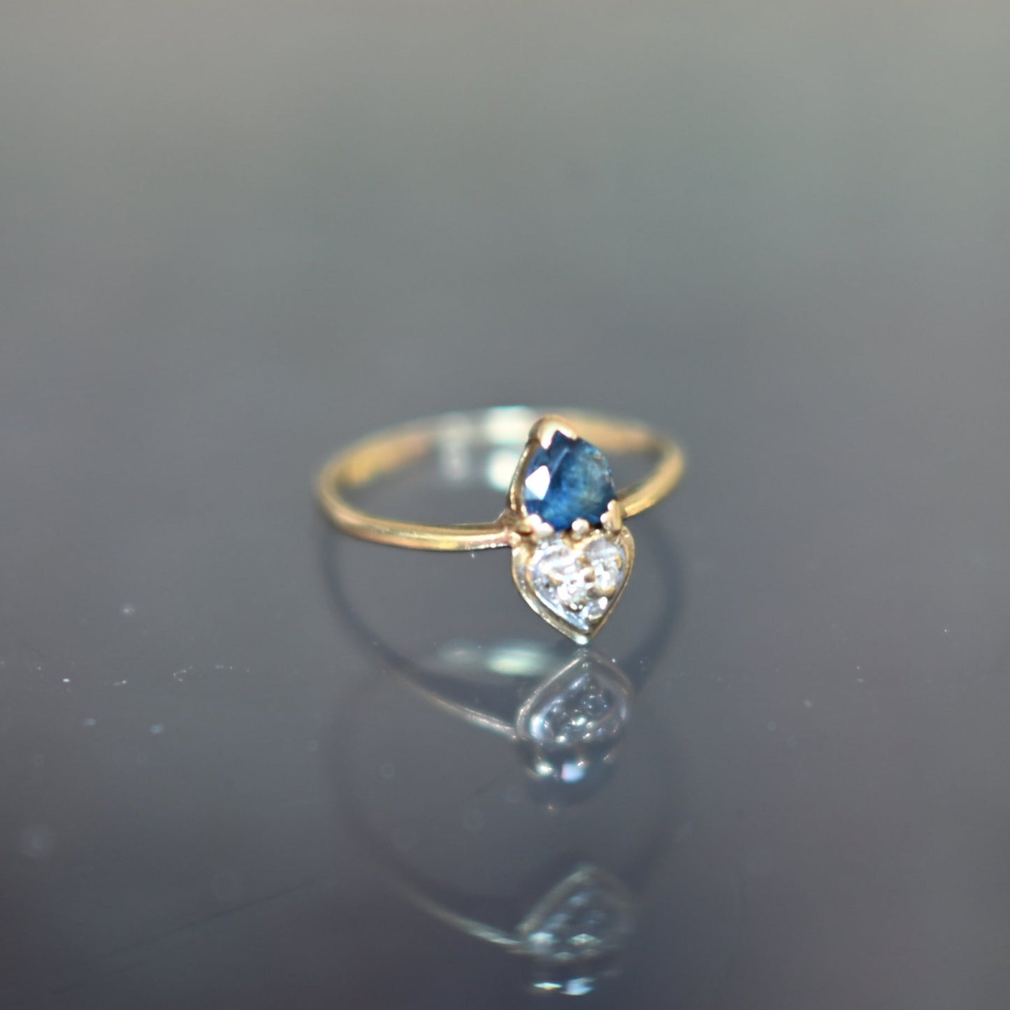 14k gold sapphire and diamond double love heart ring, Size 8 US, P UK