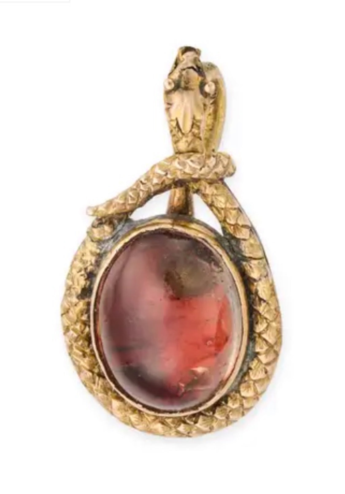 Rare Antique Egyptian Revival Victorian red foiled quartz and coiled snake gold pendant charm, 2.6cm 3.5g