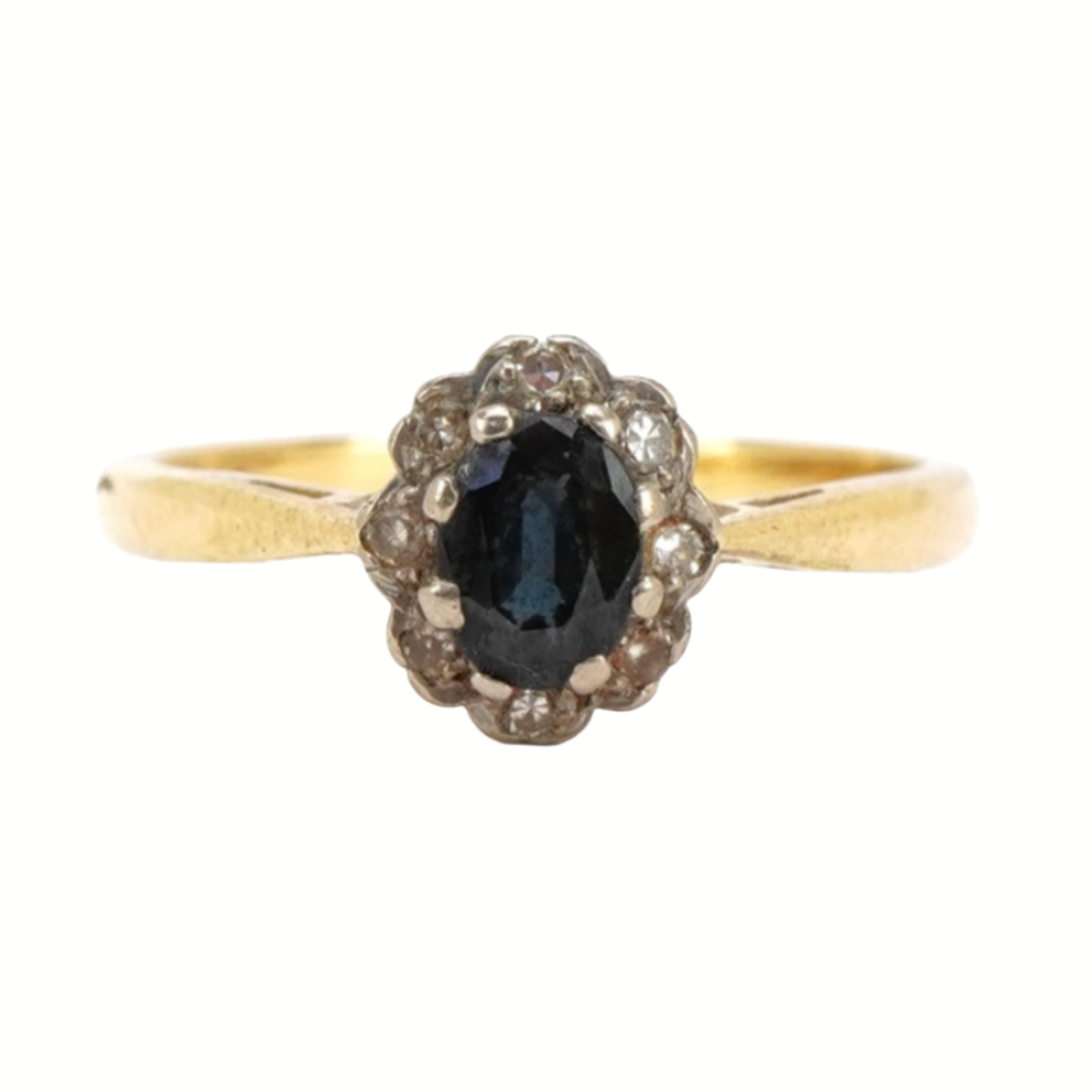 Beautiful 18k gold oval cut sapphire and diamond cluster ring, Size 6 US, L UK