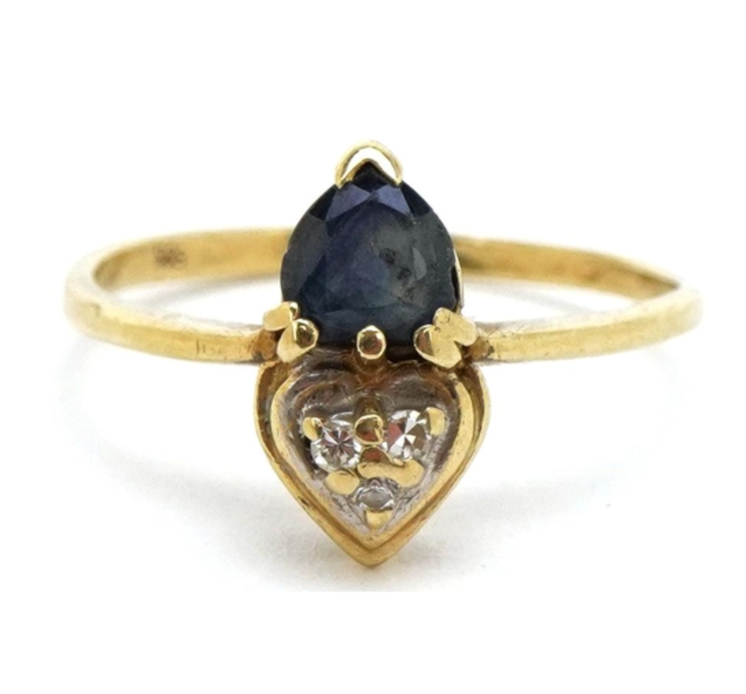 14k gold sapphire and diamond double love heart ring, Size 8 US, P UK