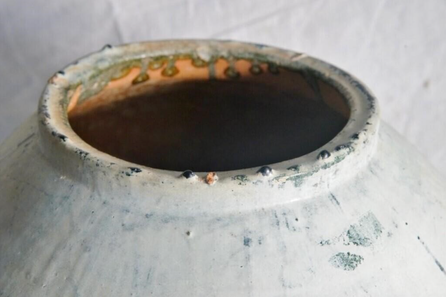 Antique Han Dynasty pot, 13" x 11", white over green glaze stone, gorgeous!!
