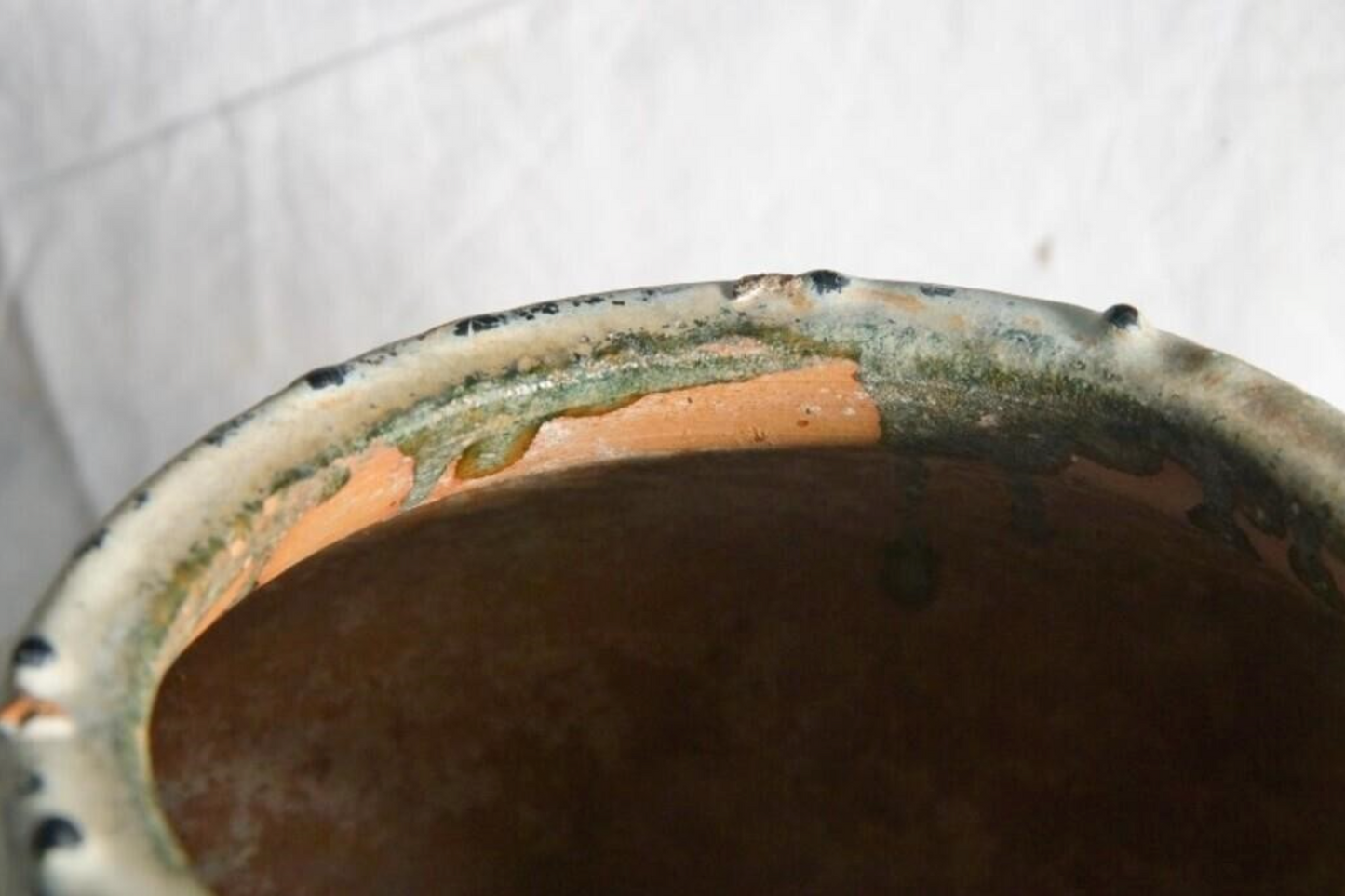 Antique Han Dynasty pot, 13" x 11", white over green glaze stone, gorgeous!!