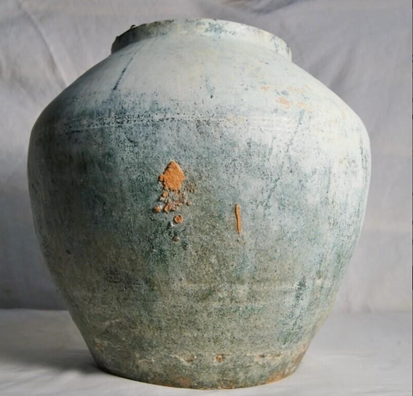 Antique Han Dynasty pot, 13" x 11", white over green glaze stone, gorgeous!!