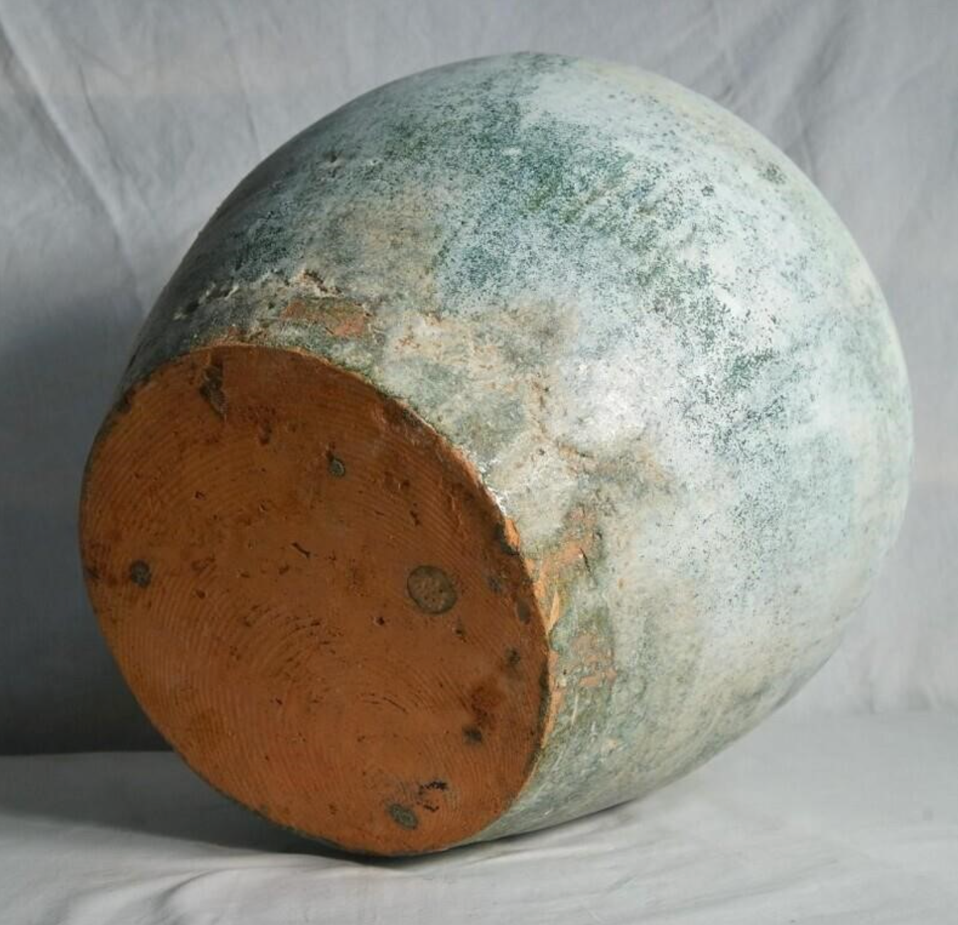 Antique Han Dynasty pot, 13" x 11", white over green glaze stone, gorgeous!!