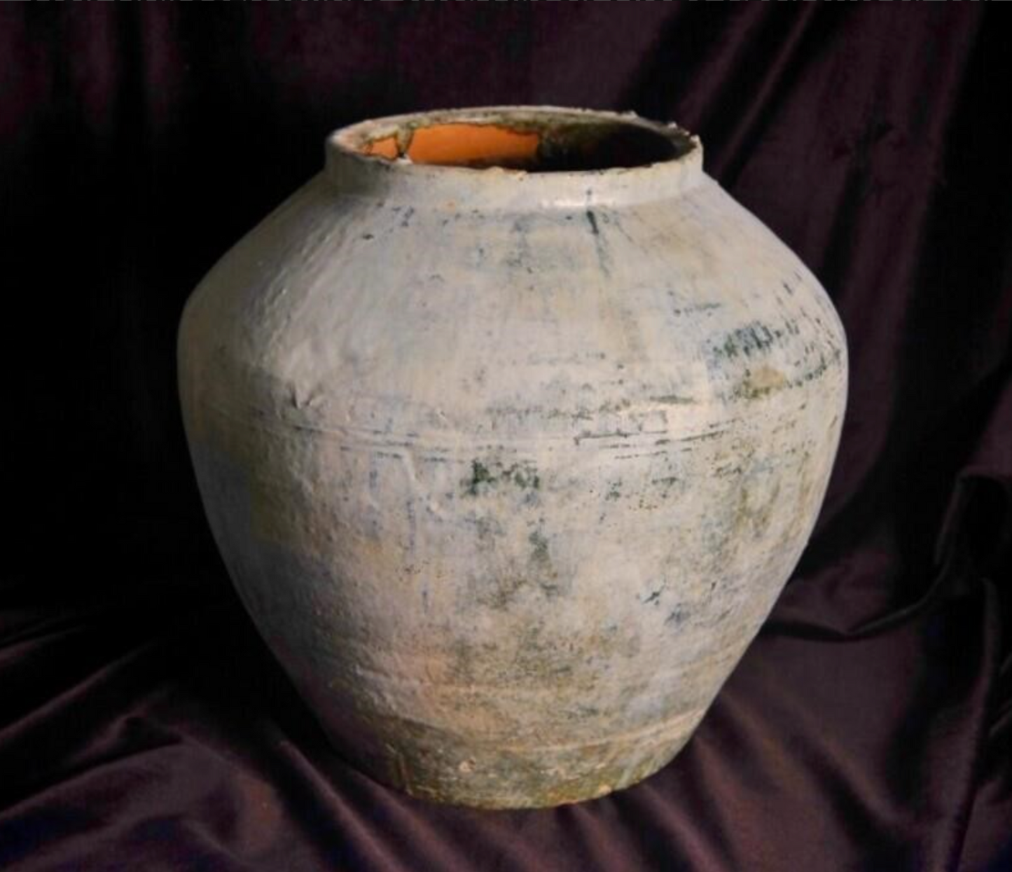 Antique Han Dynasty pot, 13" x 11", white over green glaze stone, gorgeous!!