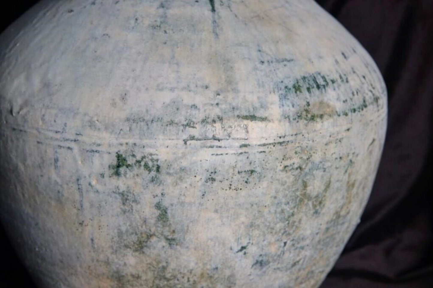 Antique Han Dynasty pot, 13" x 11", white over green glaze stone, gorgeous!!