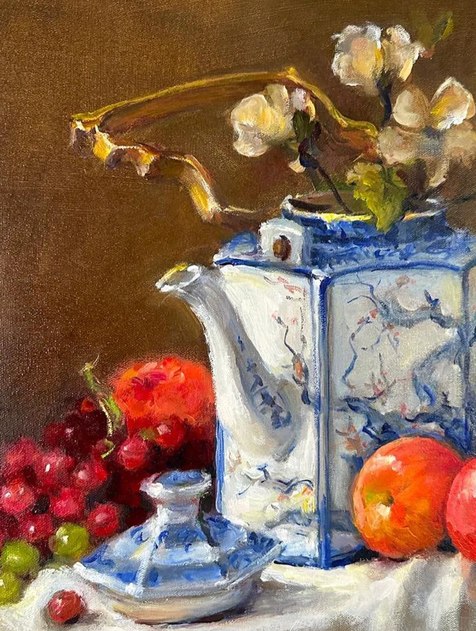 Fantastic Vintage Still Life painting with Fruit and Flowers and Japanese Teapot