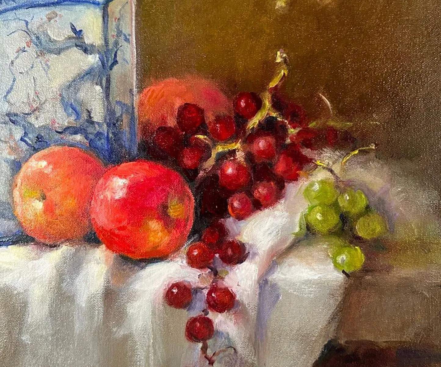 Fantastic Vintage Still Life painting with Fruit and Flowers and Japanese Teapot