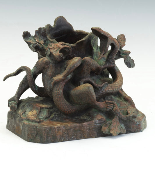 Antique Art Nouveau Bronze Fantasy Sculpture with Ape and Serpent Motif