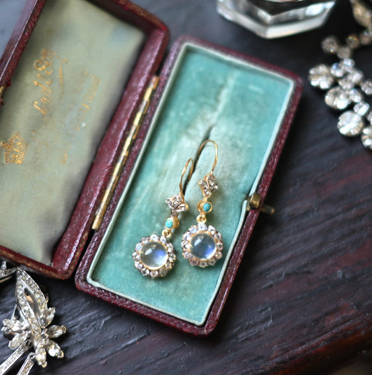 A pair of moonstone, white sapphire, turquoise and diamond drop earrings, 3.13g