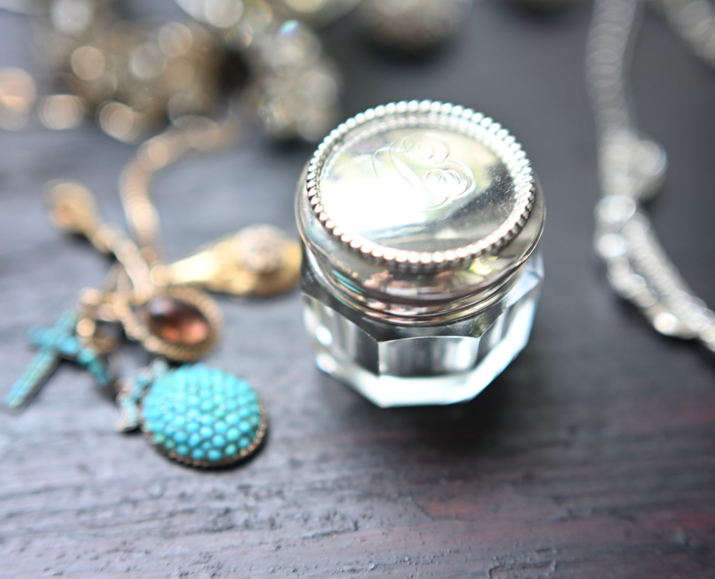 Sterling Silver Art Deco vanity jar with crystal