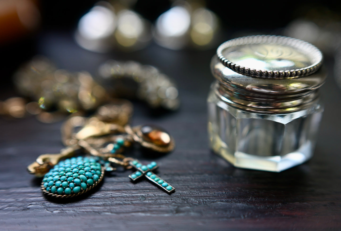Sterling Silver Art Deco vanity jar with crystal
