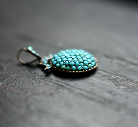 Antique Victorian perfect turquoise gold parvé pendant charm, 3.9cm 3.7g