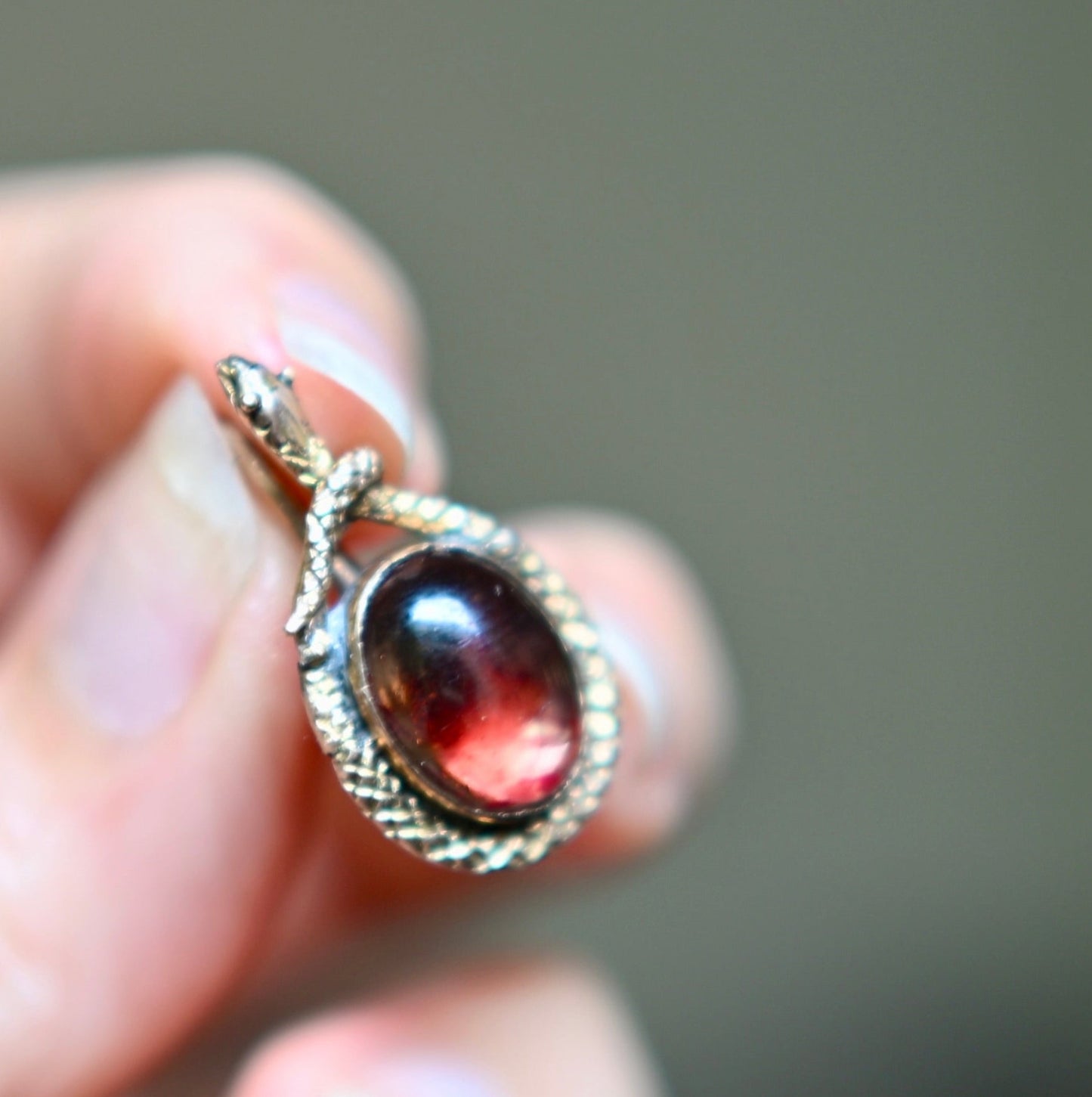 Rare Antique Egyptian Revival Victorian red foiled quartz and coiled snake gold pendant charm, 2.6cm 3.5g