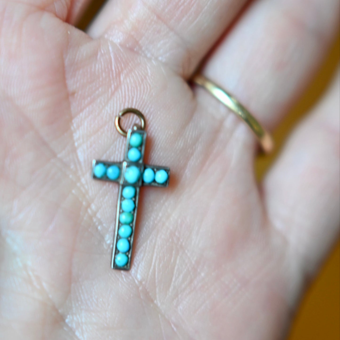 Rare Charming Antique turquoise cross pendant charm yellow gold, 2.5cm .9g