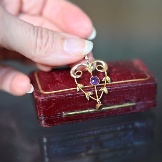 Antique Edwardian Amethyst and pearl Lavalier pendant yellow gold 3.8cm 1.4g