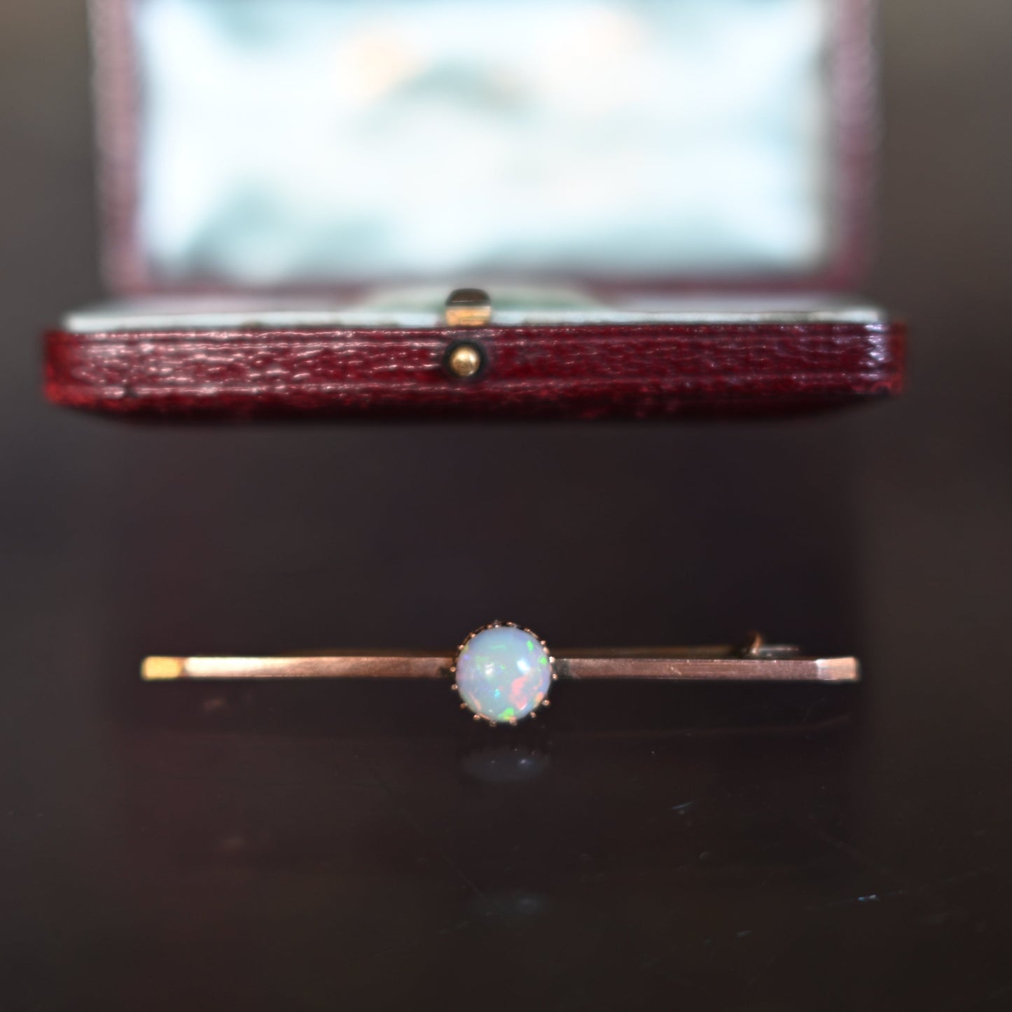 Antique Edwardian 9c rose gold opal bar brooch with original velvet and silk box