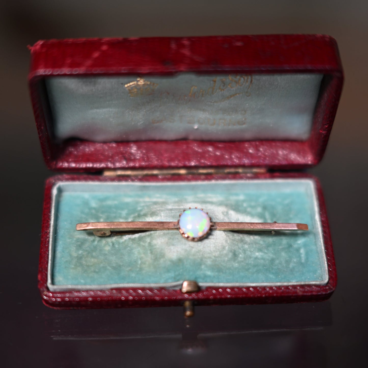 Antique Edwardian 9c rose gold opal bar brooch with original velvet and silk box