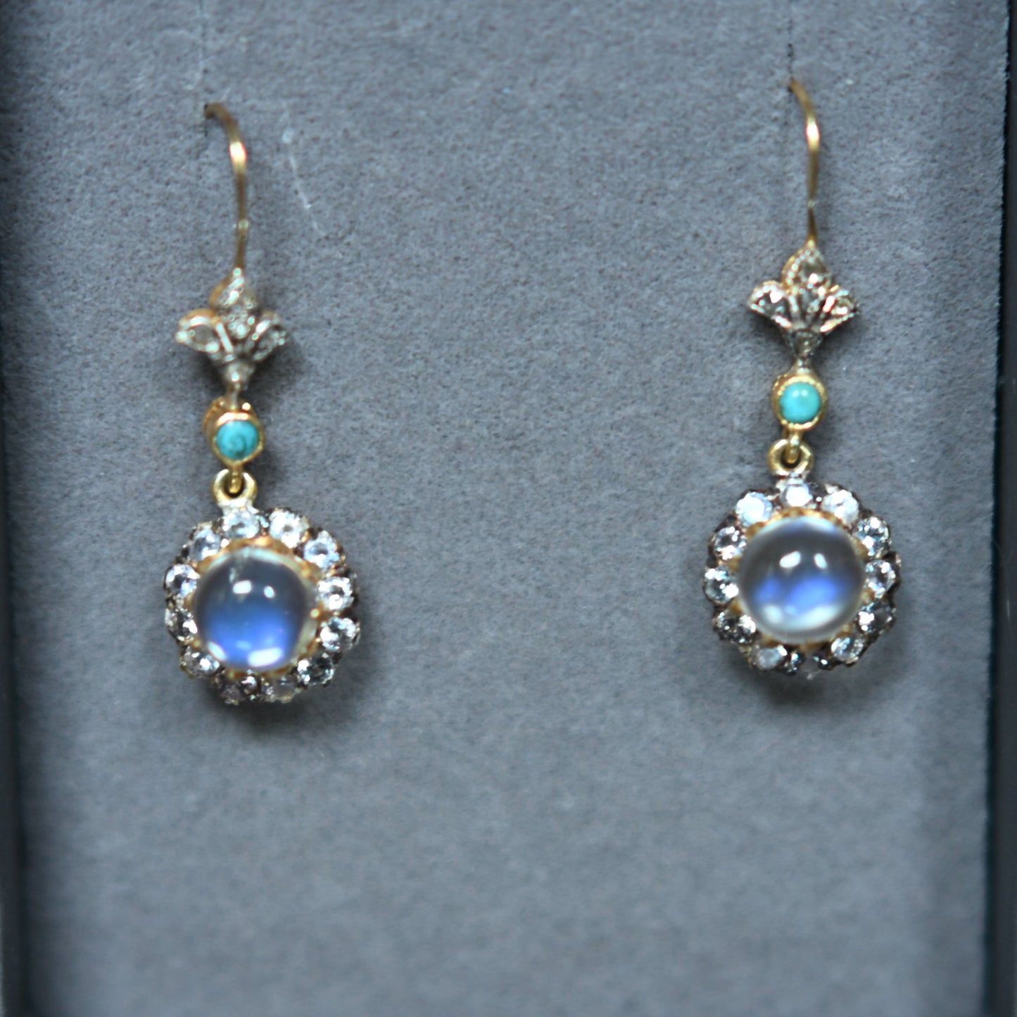 A pair of moonstone, white sapphire, turquoise and diamond drop earrings, 3.13g