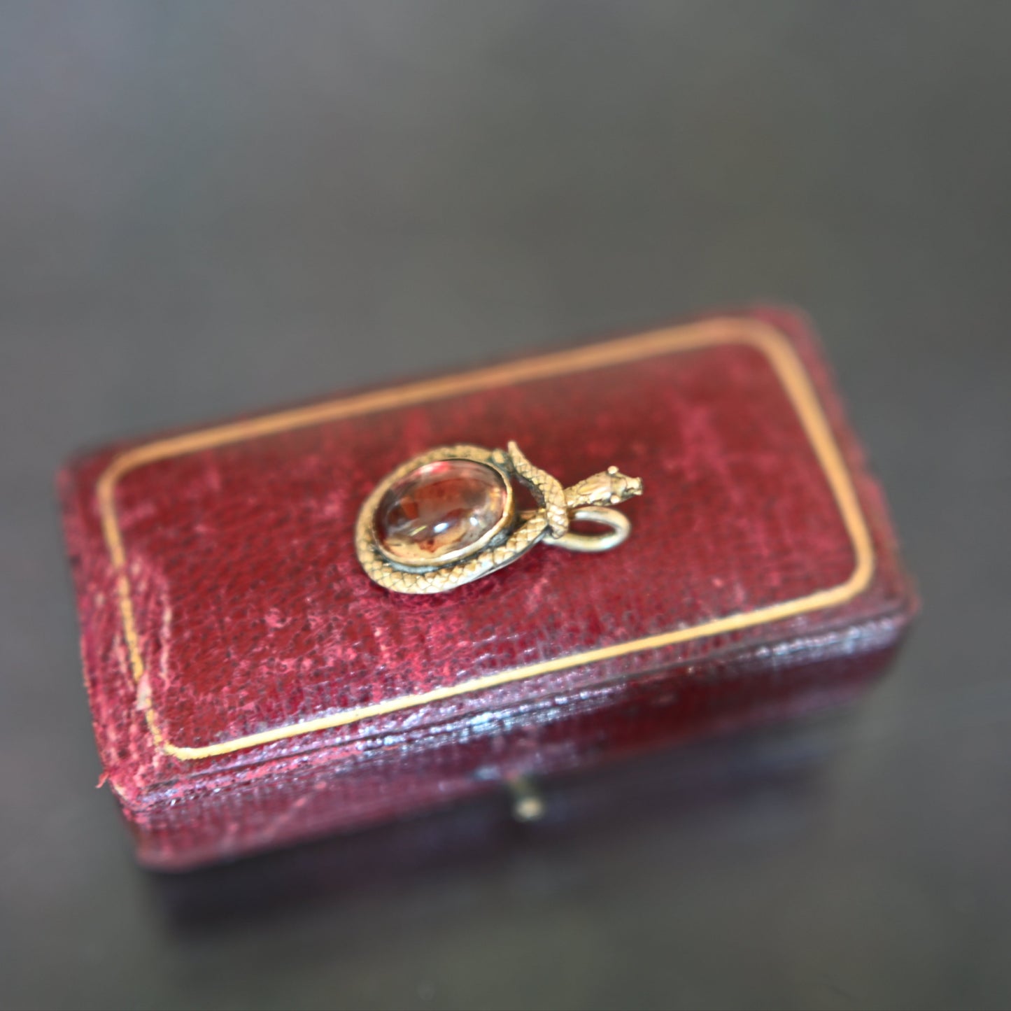 Rare Antique Egyptian Revival Victorian red foiled quartz and coiled snake gold pendant charm, 2.6cm 3.5g