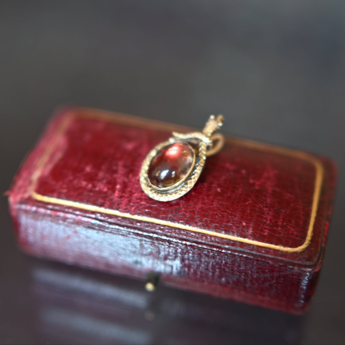Rare Antique Egyptian Revival Victorian red foiled quartz and coiled snake gold pendant charm, 2.6cm 3.5g