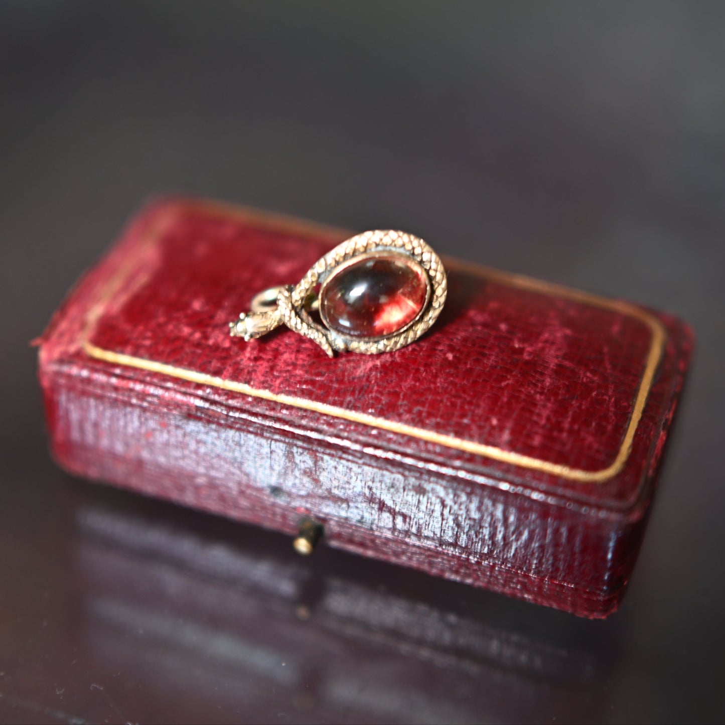 Rare Antique Egyptian Revival Victorian red foiled quartz and coiled snake gold pendant charm, 2.6cm 3.5g