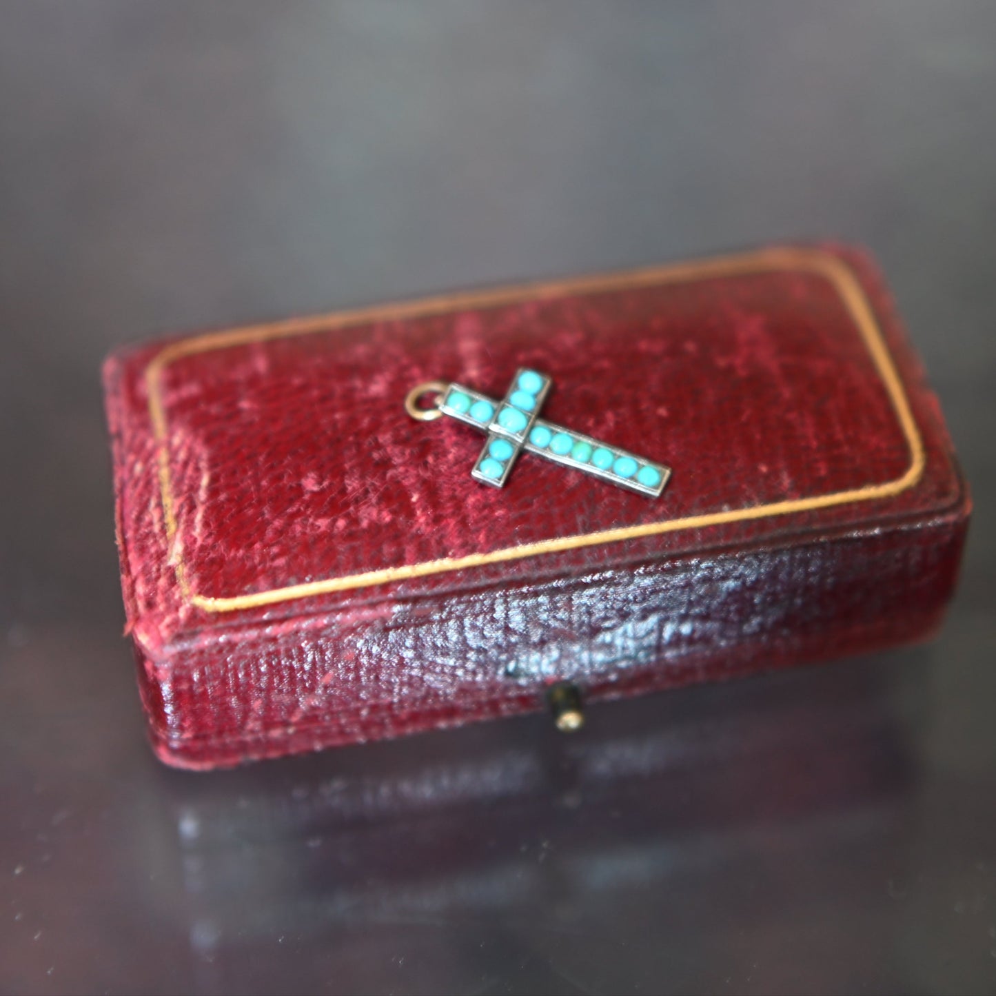 Rare Charming Antique turquoise cross pendant charm yellow gold, 2.5cm .9g