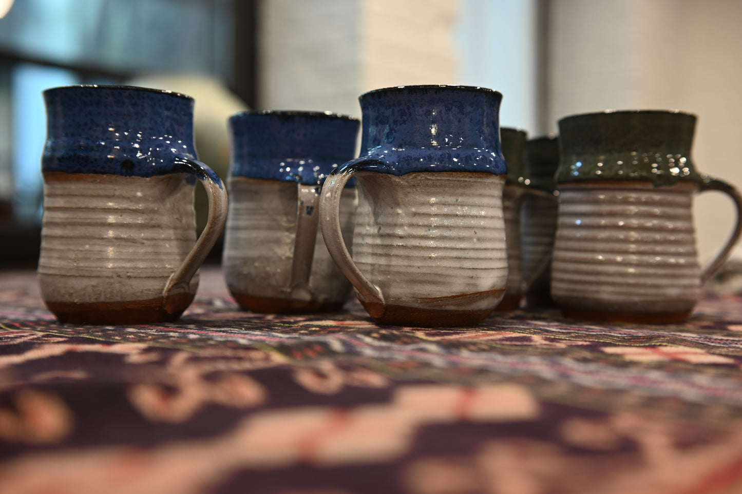 Blue or green S. Davis Raku Pottery Mugs H 4" Dia. 3.5"