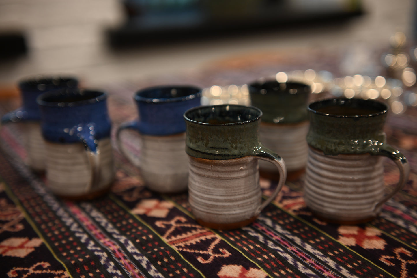 Blue or green S. Davis Raku Pottery Mugs H 4" Dia. 3.5"