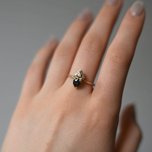 14k gold sapphire and diamond double love heart ring, Size 8 US, P UK