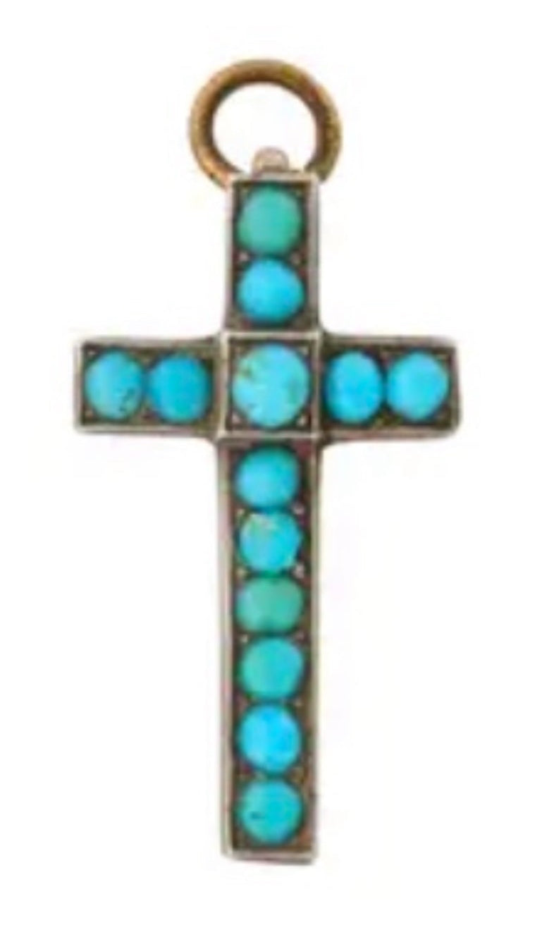 Rare Charming Antique turquoise cross pendant charm yellow gold, 2.5cm .9g