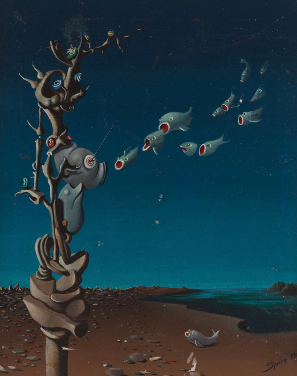 Georges Spiro Surrealist Fish 1958, original painting, signed