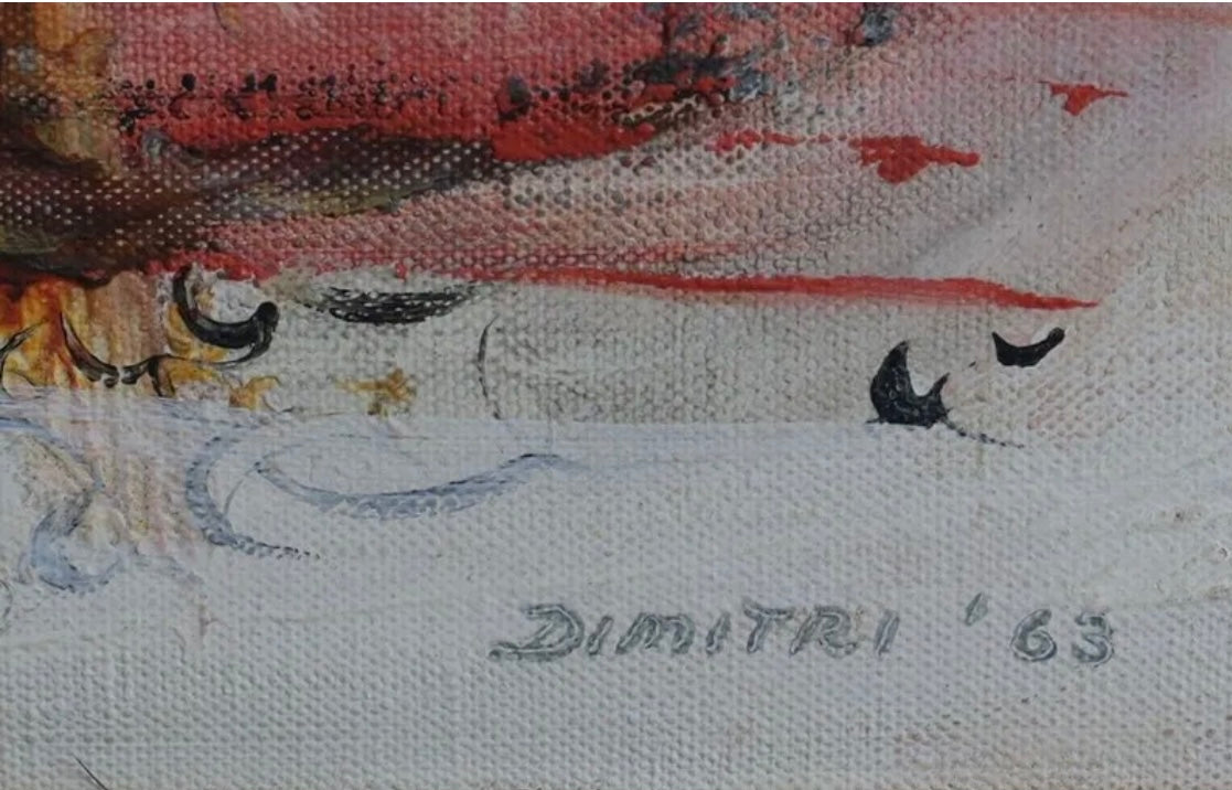 Vintage Abstract still life, oil on canvas painting, signed Dimitri 1963