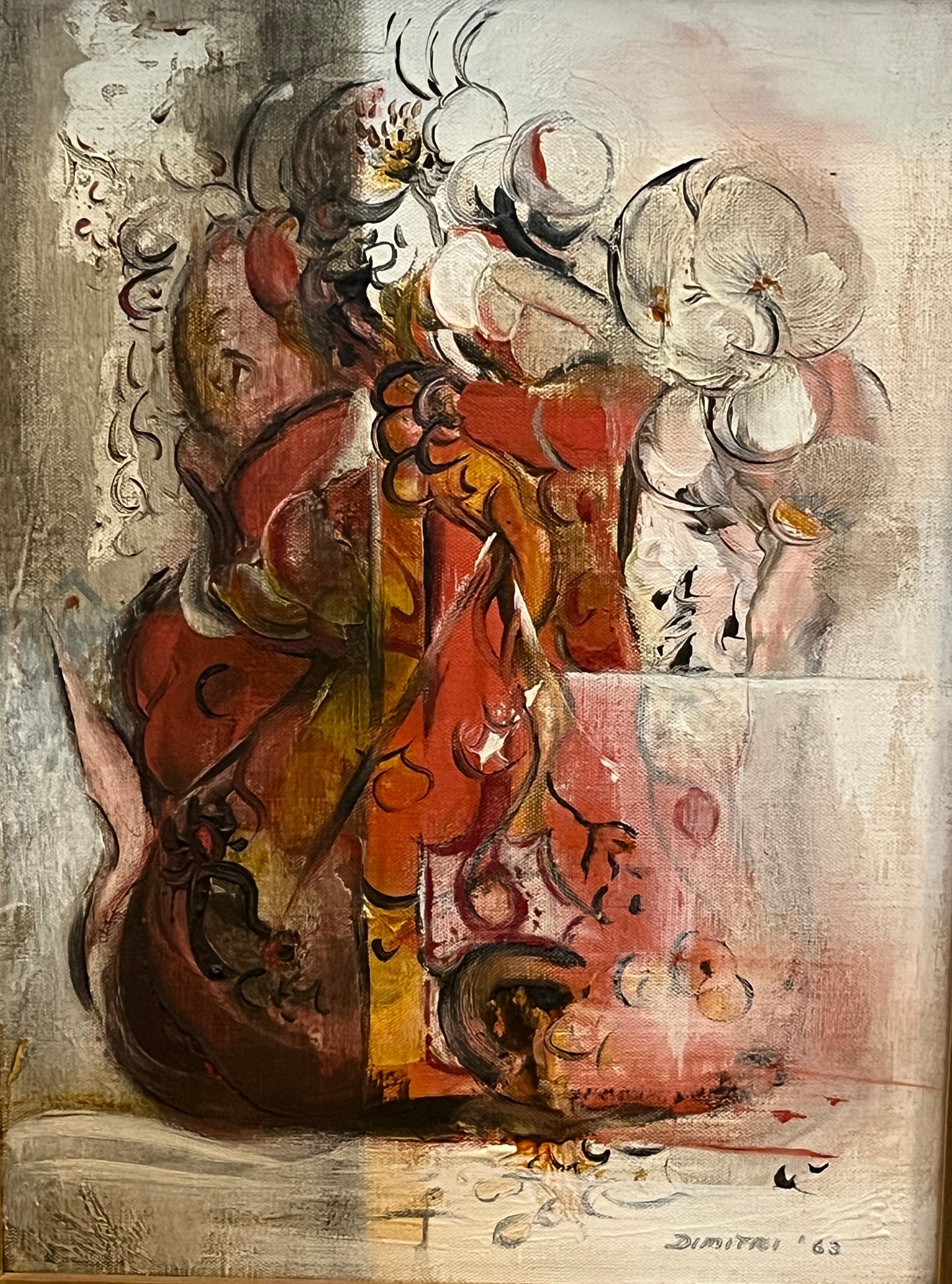 Vintage Abstract still life, oil on canvas painting, signed Dimitri 1963
