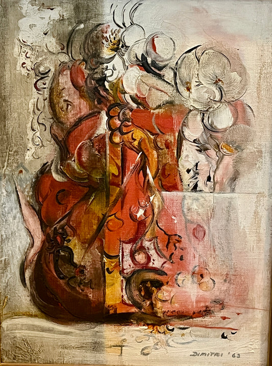 Vintage Abstract still life, oil on canvas painting, signed Dimitri 1963