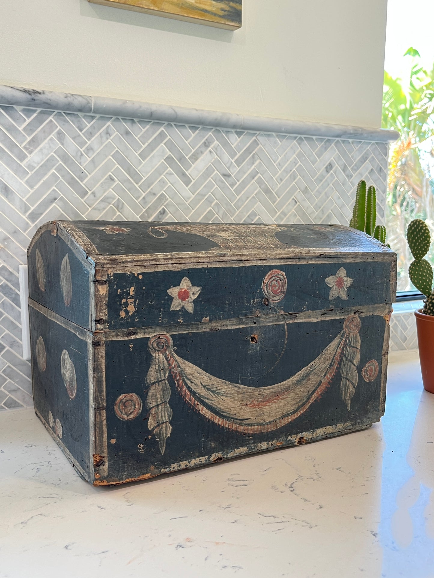 19thC painted wood dome topped box