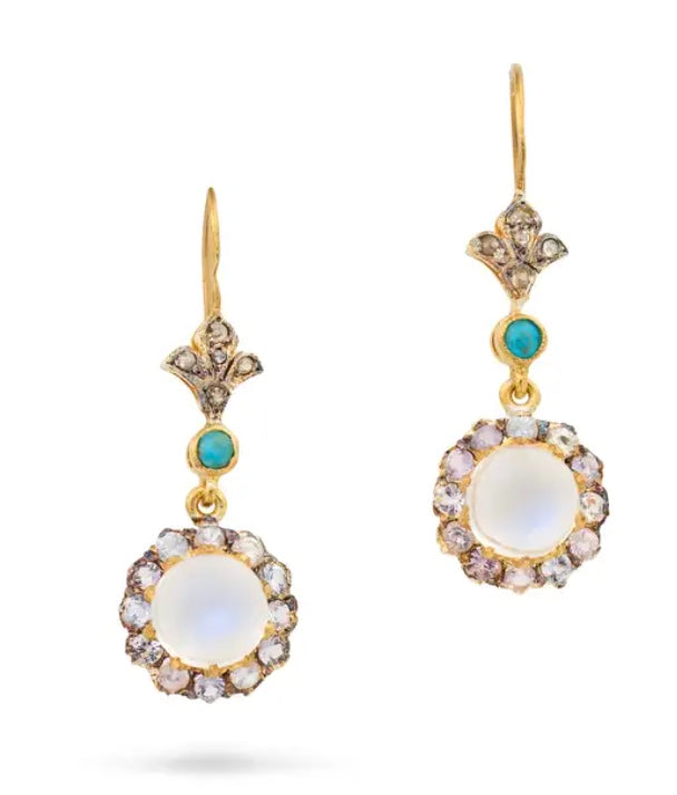 A pair of moonstone, white sapphire, turquoise and diamond drop earrings, 3.13g