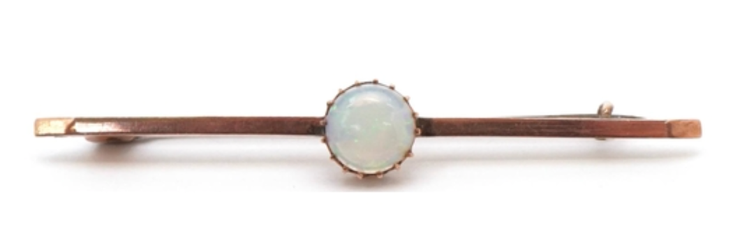 Antique Edwardian 9c rose gold opal bar brooch with original velvet and silk box