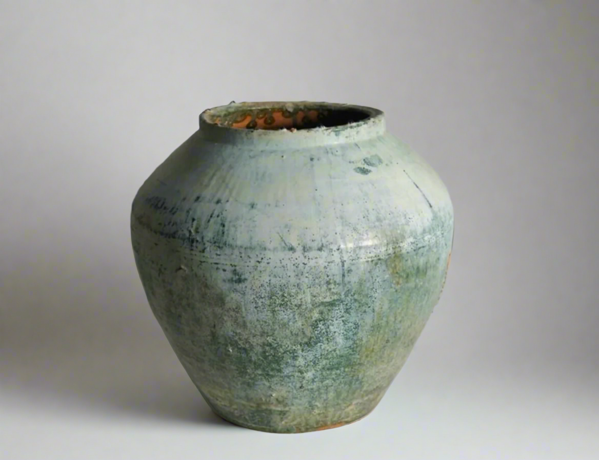 Antique Han Dynasty pot, 13" x 11", white over green glaze stone, gorgeous!!
