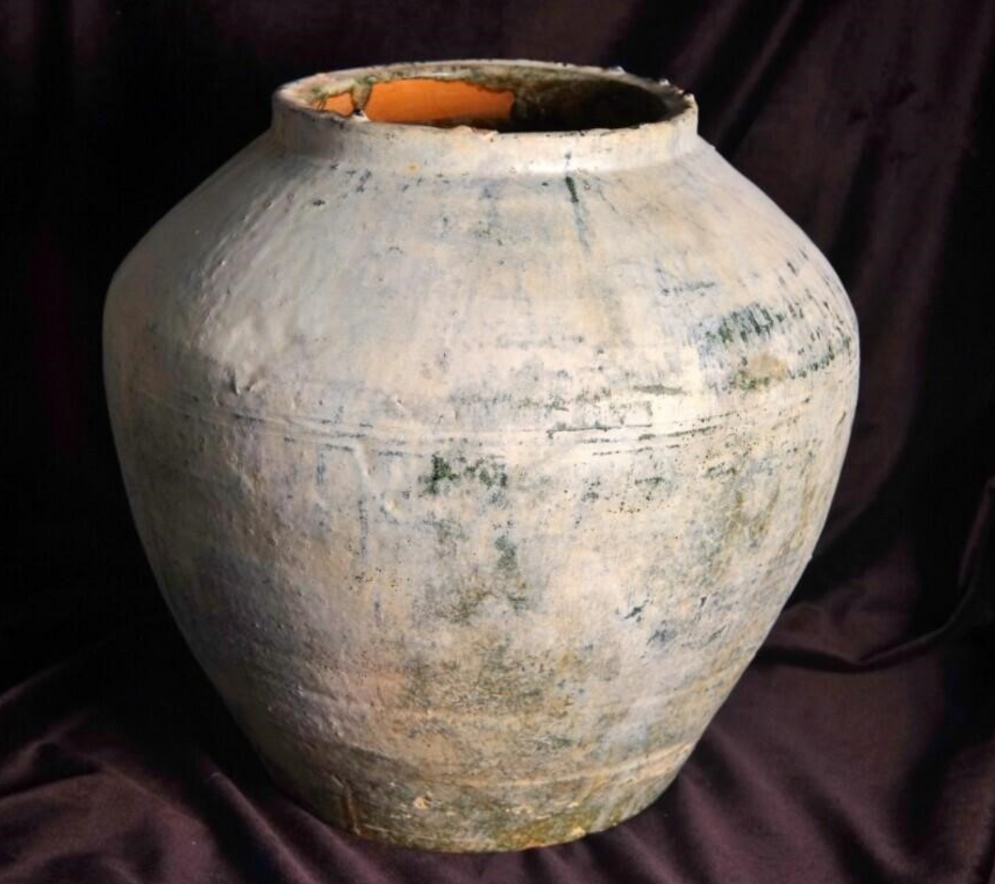 Antique Han Dynasty pot, 13" x 11", white over green glaze stone, gorgeous!!