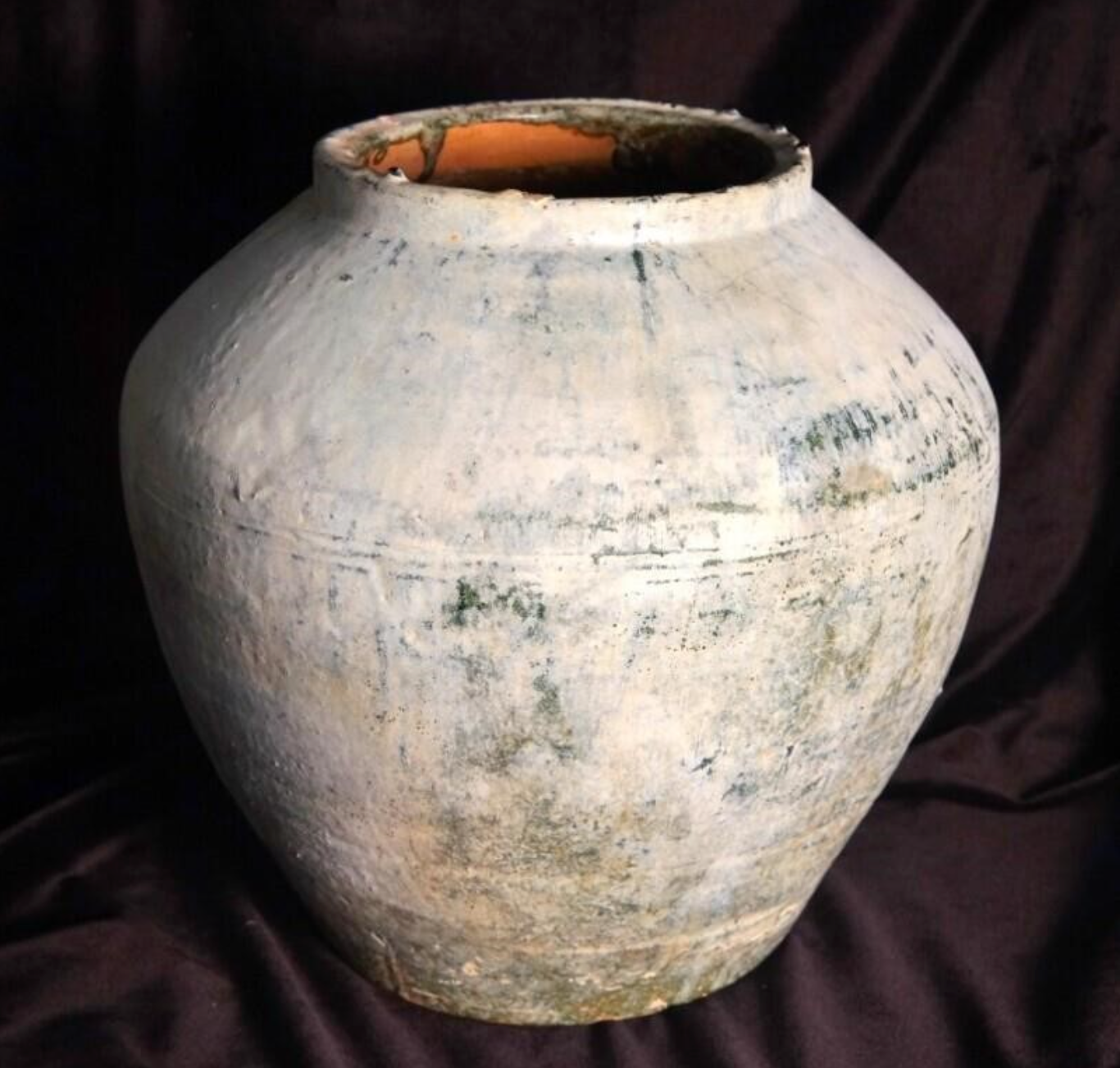 Antique Han Dynasty pot, 13" x 11", white over green glaze stone, gorgeous!!