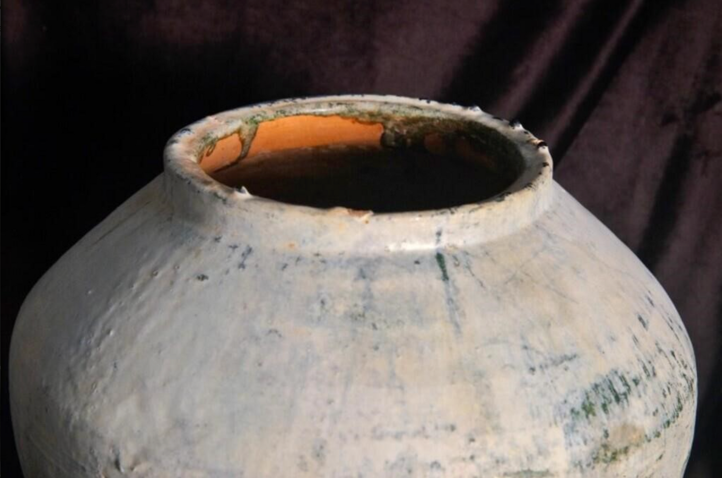 Antique Han Dynasty pot, 13" x 11", white over green glaze stone, gorgeous!!