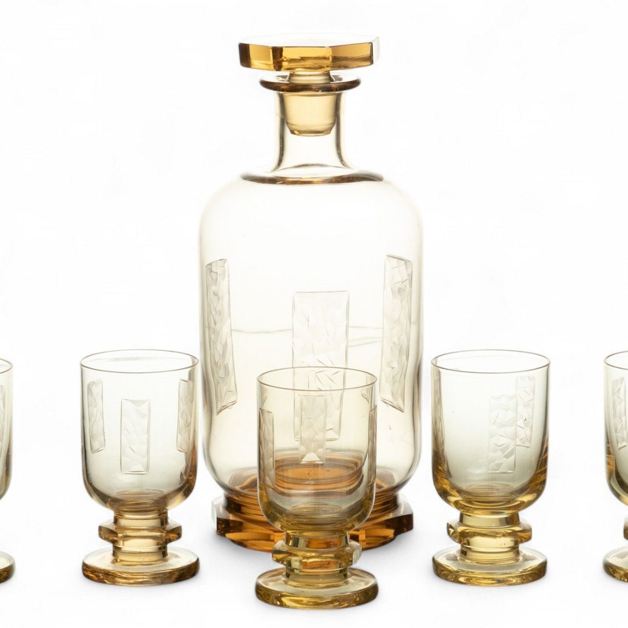Art Deco Glass Decanter And Five Glasses H 8.8" Dia. 3.8" 6 PCS