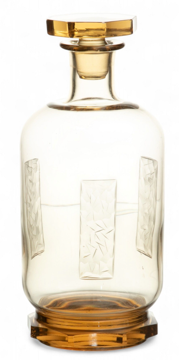 Art Deco Glass Decanter And Five Glasses H 8.8" Dia. 3.8" 6 PCS