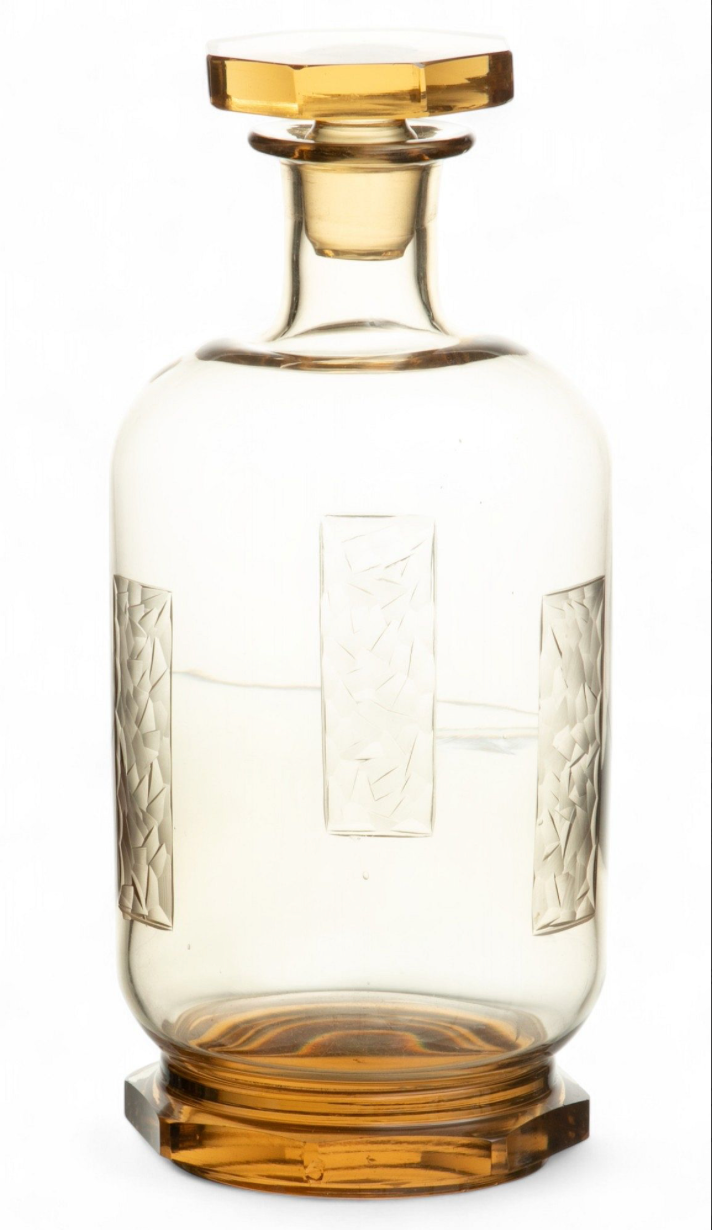 Art Deco Glass Decanter And Five Glasses H 8.8" Dia. 3.8" 6 PCS