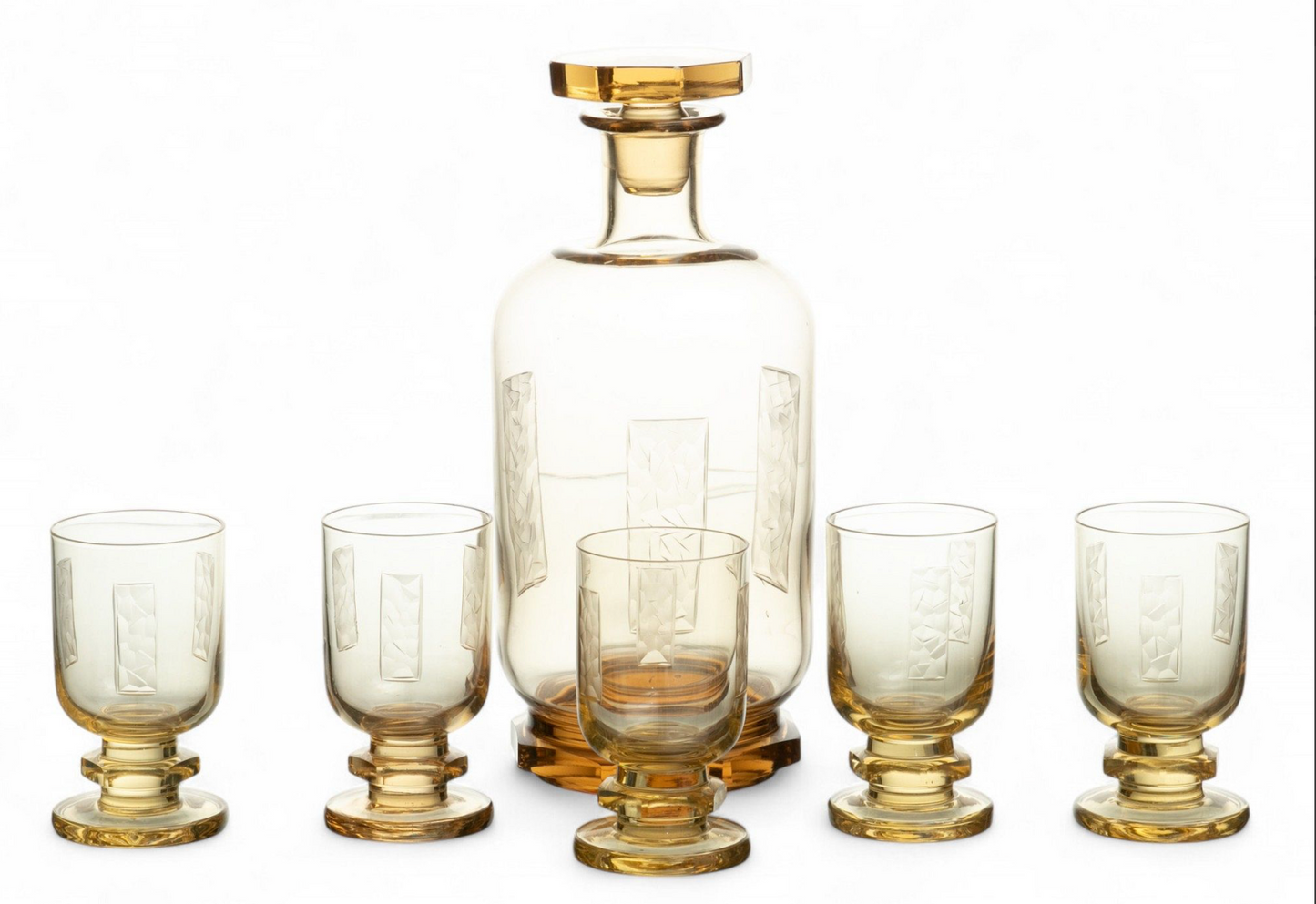 Art Deco Glass Decanter And Five Glasses H 8.8" Dia. 3.8" 6 PCS