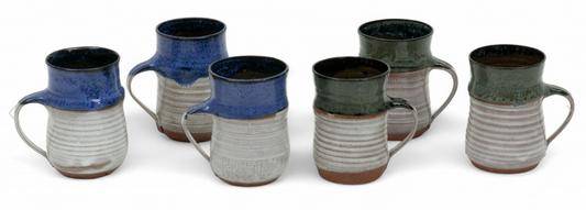 Blue or green S. Davis Raku Pottery Mugs H 4" Dia. 3.5"