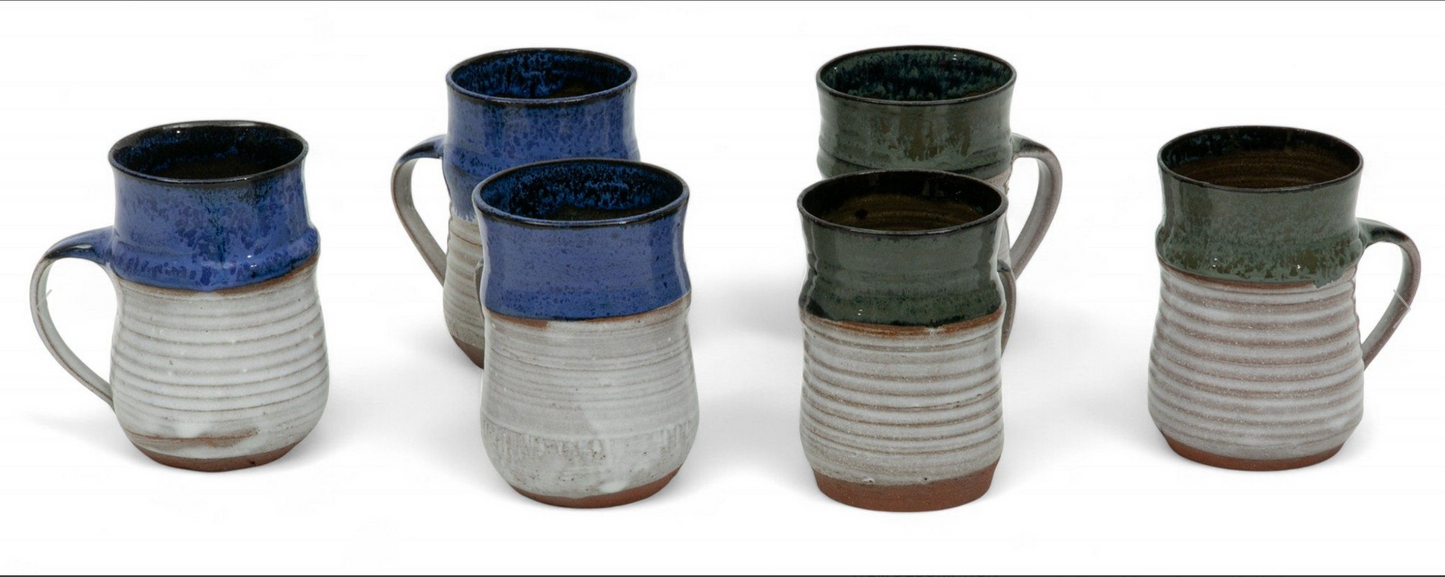 Blue or green S. Davis Raku Pottery Mugs H 4" Dia. 3.5"